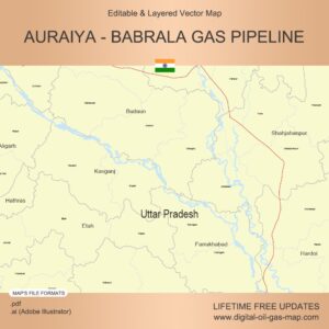 Auraiya - Babrala Gas Pipeline Map: Pipeline Route, Compressor Station, Intermediate Pigging Stations, Receive Terminal, Tap Off Points, Sectionalizing Valve Stations