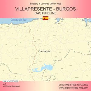 Map of Villapresente - Burgos Gas Pipeline: Pipeline Route, Regulation and Measurement Stations, Valve Stations